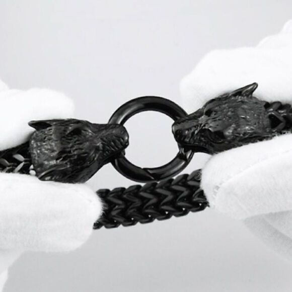 Men’s Black Thick Wolf Head Link Chain Bracelet - Picture 10 of 10